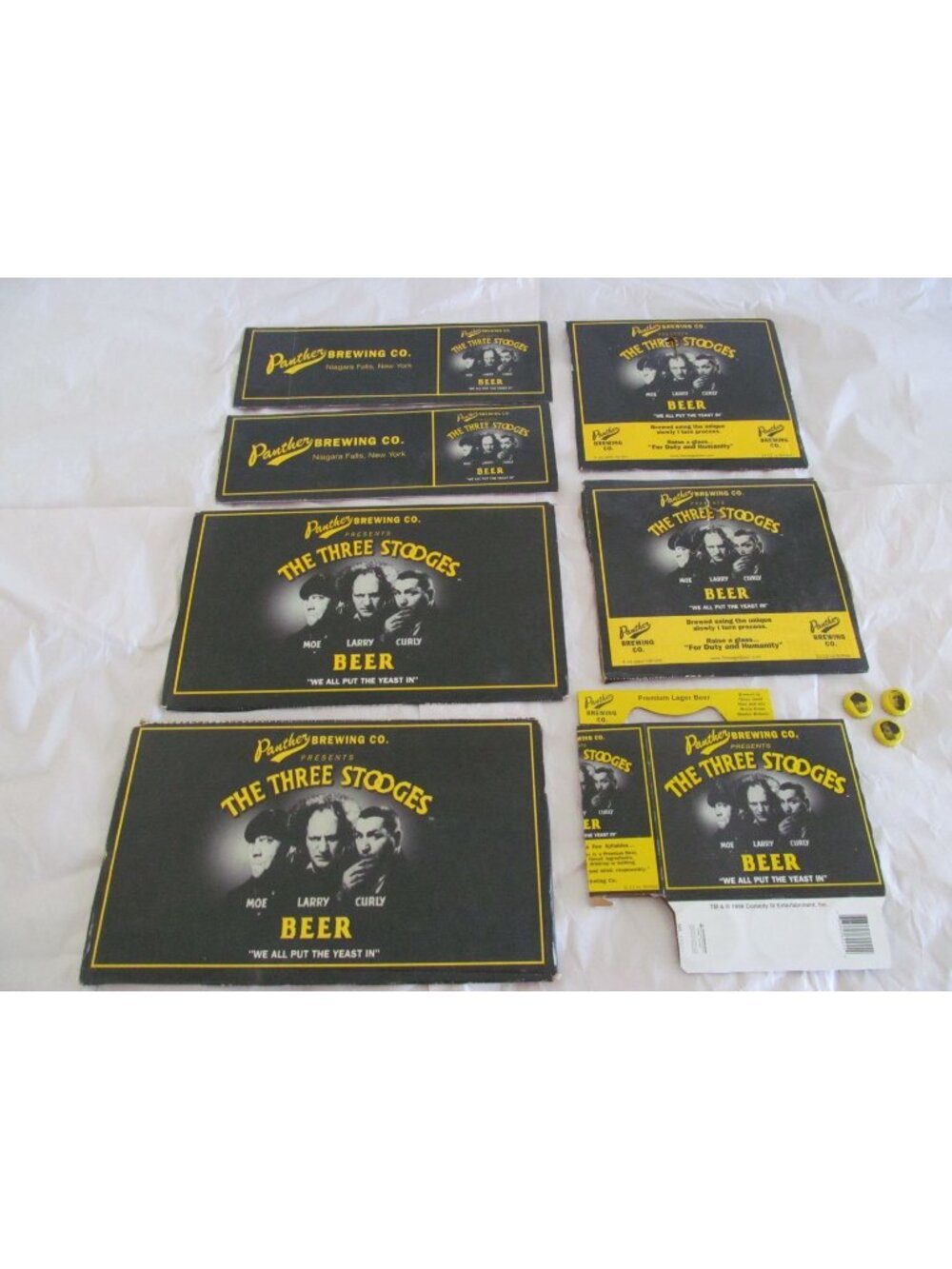 The Three Stooges Beer Memorabilia Includes 6 Pack Carrier Bottle Caps & Flats